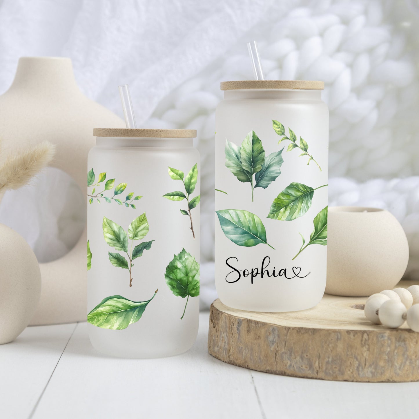 Personalized Green Leaves Frosted Glass Cup - Iced Coffee Tumbler