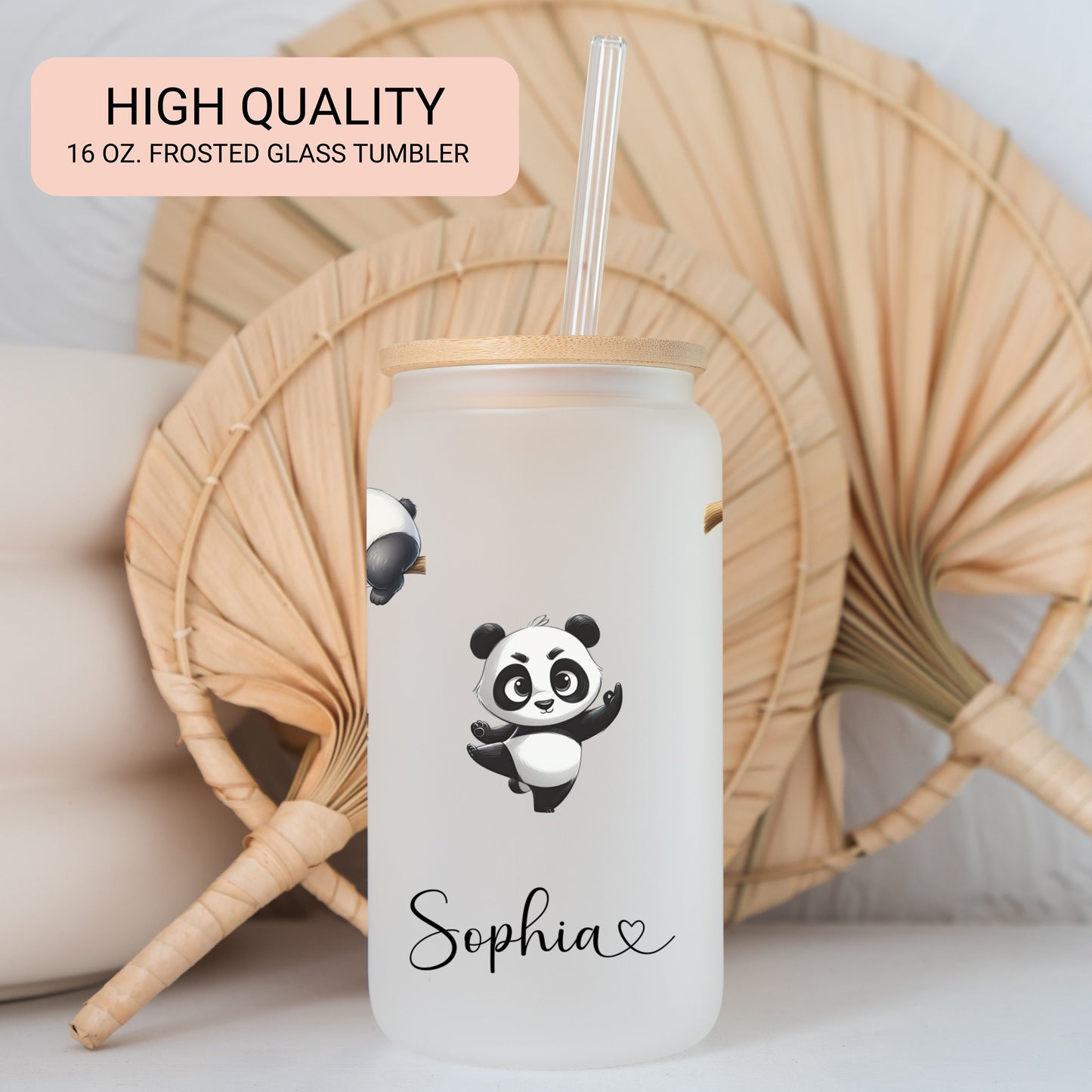 Personalized Frosted Panda Glass Cup - Custom Iced Coffee Tumbler for Panda Lovers