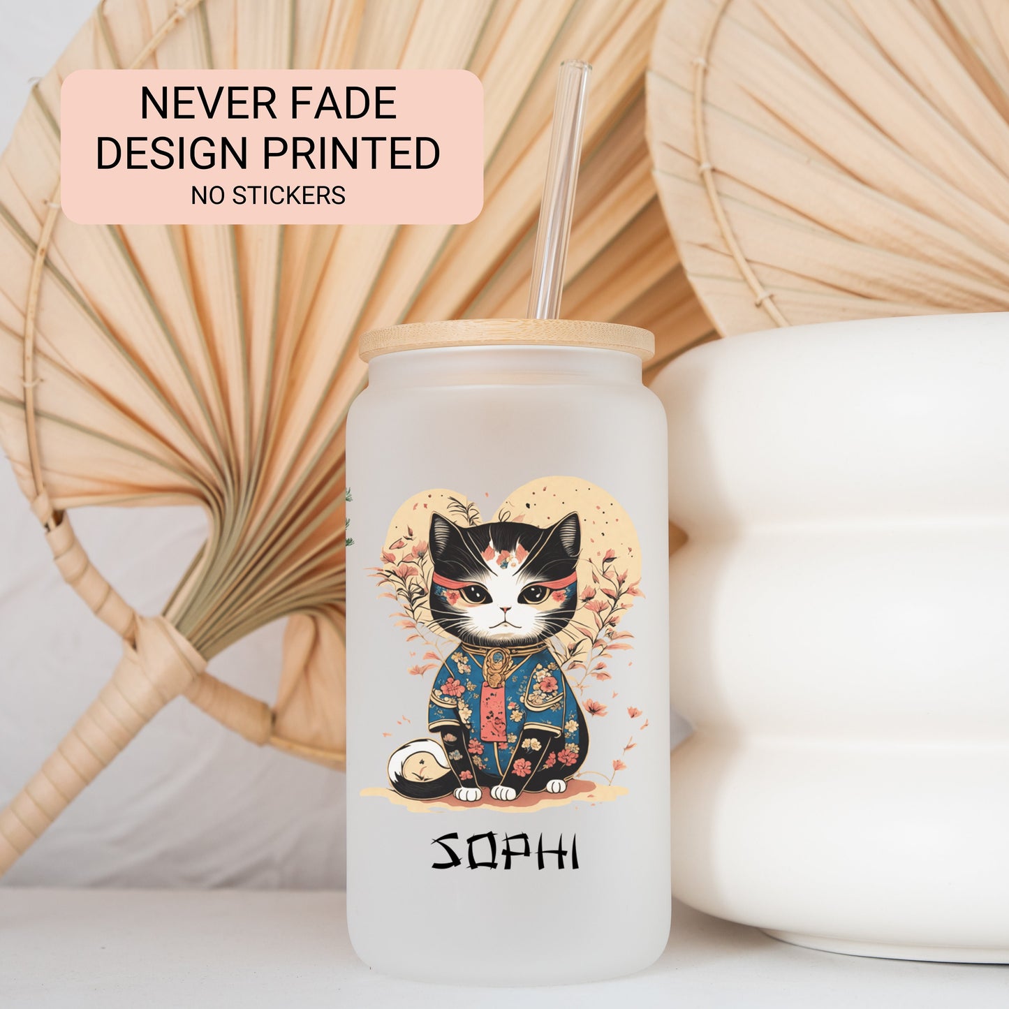 Personalized Japanese Cat Glass Tumbler - Custom Iced Coffee Gift for Cat Lovers