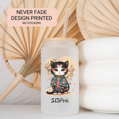 Personalized Japanese Cat Glass Tumbler - Custom Iced Coffee Gift for Cat Lovers