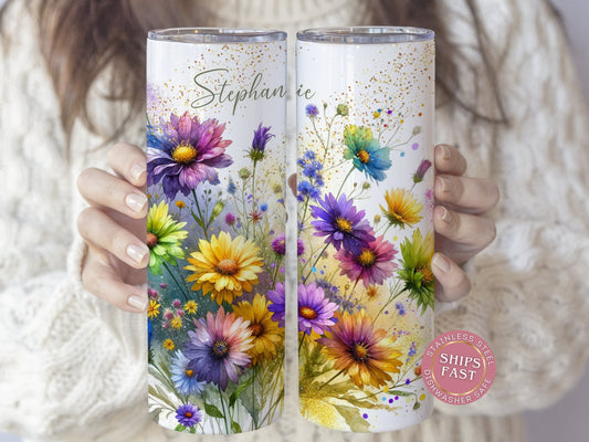Personalized Floral Daisies Tumbler - Custom Spring Glitter Cup for Mom & Her