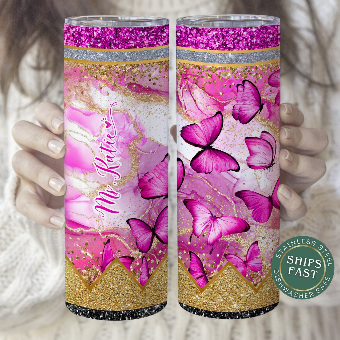 Personalized Teacher Butterfly Glitter Tumbler - Pink Pencil Travel Cup Gift for Educators