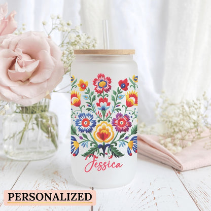 Mexican Embroidery Cup With Flowers Personalized, Mexican Embroidery Glass Cup, Custom Mexican Embroidery Frosted Glass Cup, Latina Gift Cup