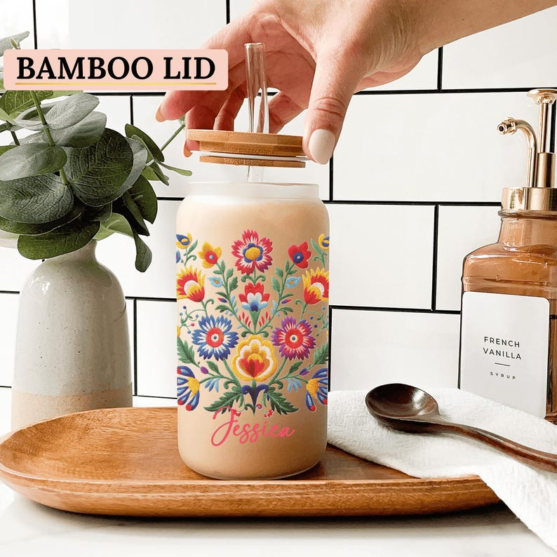 Mexican Embroidery Cup With Flowers Personalized, Mexican Embroidery Glass Cup, Custom Mexican Embroidery Frosted Glass Cup, Latina Gift Cup