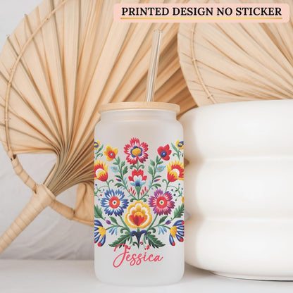 Mexican Embroidery Cup With Flowers Personalized, Mexican Embroidery Glass Cup, Custom Mexican Embroidery Frosted Glass Cup, Latina Gift Cup
