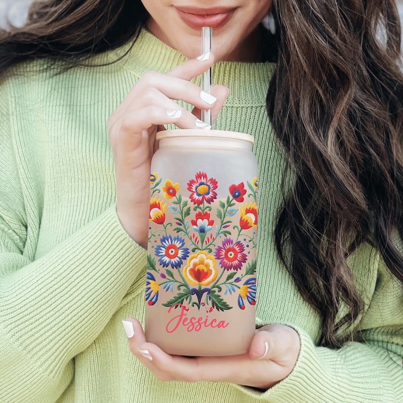 Mexican Embroidery Cup With Flowers Personalized, Mexican Embroidery Glass Cup, Custom Mexican Embroidery Frosted Glass Cup, Latina Gift Cup