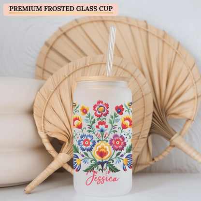 Mexican Embroidery Cup With Flowers Personalized, Mexican Embroidery Glass Cup, Custom Mexican Embroidery Frosted Glass Cup, Latina Gift Cup