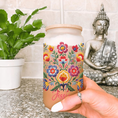 Mexican Embroidery Cup With Flowers Personalized, Mexican Embroidery Glass Cup, Custom Mexican Embroidery Frosted Glass Cup, Latina Gift Cup