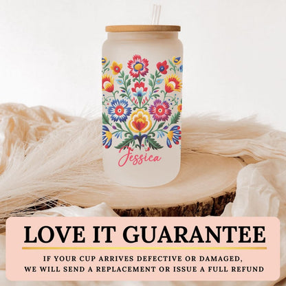Mexican Embroidery Cup With Flowers Personalized, Mexican Embroidery Glass Cup, Custom Mexican Embroidery Frosted Glass Cup, Latina Gift Cup