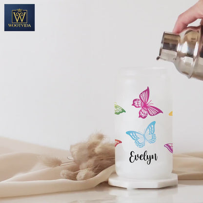 Personalized Butterfly Frosted Glass Cup - Custom Iced Coffee Tumbler for Butterfly Lovers