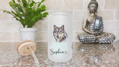 Personalized Frosted Wolf Glass Cup - Custom Iced Coffee Tumbler
