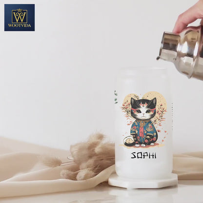 Personalized Japanese Cat Glass Tumbler - Custom Iced Coffee Gift for Cat Lovers