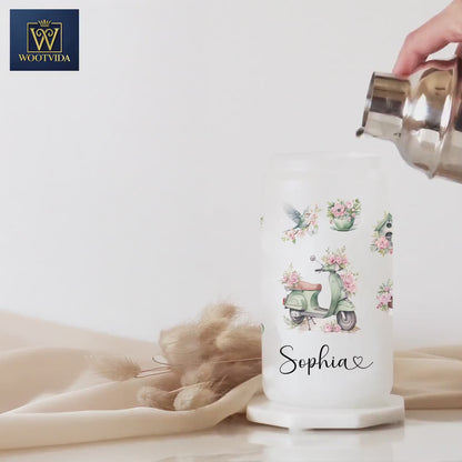 Personalized Romantic Frosted Glass Tumbler - Custom Floral Iced Coffee Cup