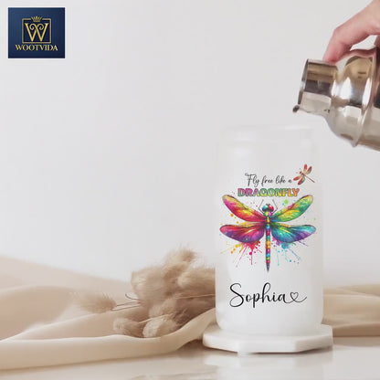 Personalized Dragonfly Frosted Glass Tumbler - Custom Fly Free Iced Coffee Cup