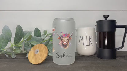 Personalized Highland Cow Frosted Glass Tumbler - Custom Iced Coffee Cup for Cow Lovers