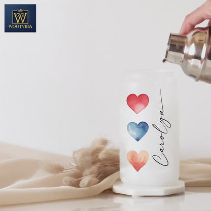 Personalized Watercolor Heart Tumbler - Frosted Glass Gift for Coffee Lovers