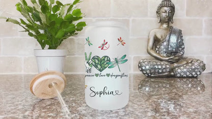 Personalized Dragonfly Frosted Glass Cup - Custom Engraved Coffee Mug | Peace & Love Design