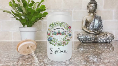 Personalized Dragonfly Frosted Glass Cup - Custom Tumbler for Coffee Lovers