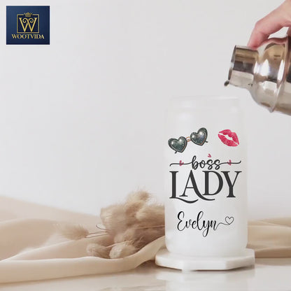 Lady Boss Cup Personalized, Lady Boss Glass Cup, Custom Lady Boss Frosted Glass Cup, Lady Boss Glass Tumbler, Lady Boss Iced Coffee Cup