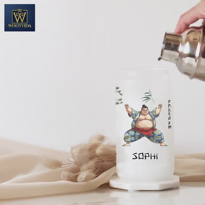 Personalized Japanese Sumo Glass Cup - Custom Iced Coffee Tumbler Gift