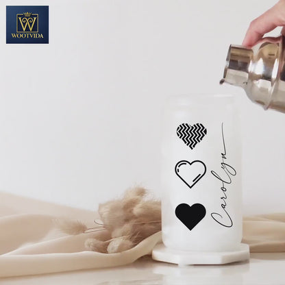 Heart Cup Personalized, B&W Heart Glass Cup, Custom Heart Frosted Glass Cup, Heart Glass Tumbler B and W, Heart Iced Coffee Cup Love Cup