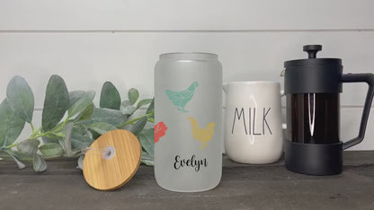 Personalized Chicken Frosted Glass Tumbler - Custom Iced Coffee Cup Gift