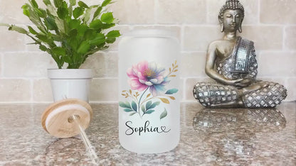 Custom Pastel Floral Frosted Glass Cup - Stylish Iced Coffee Tumbler
