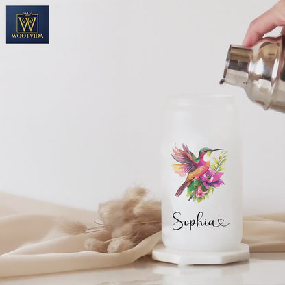 Personalized Hummingbird Frosted Glass Cup - Pink Bird Tumbler Gift for Moms