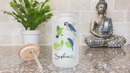 Personalized Parrot Frosted Glass Tumbler - Custom Tropical Iced Coffee Cup for Bird Lovers