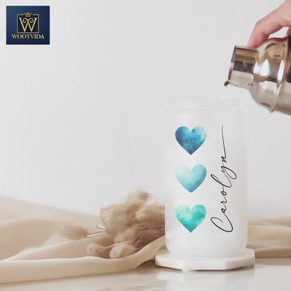 Personalized Blue Heart Glass Cup - Custom Frosted Tumbler for Iced Coffee Lovers
