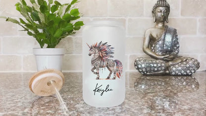 Personalized Unicorn Frosted Glass Cup - Custom Native Unicorn Tumbler for Iced Coffee Lovers