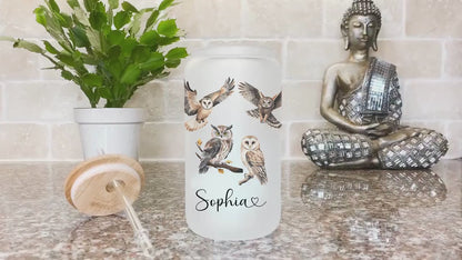 Personalized Owl Frosted Glass Cup - Custom Iced Coffee Tumbler for Owl Lovers