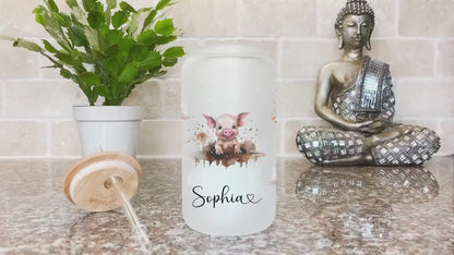 Personalized Pig Frosted Glass Cup - Custom Iced Coffee Tumbler for Pig Lovers