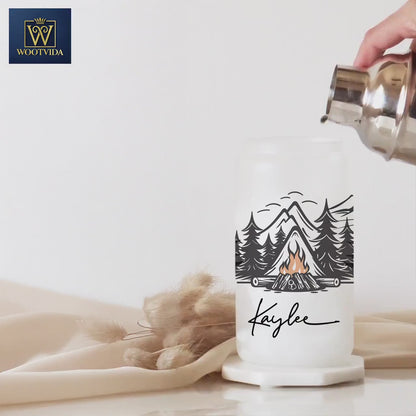 Personalized Camping Frosted Glass Tumbler - Custom Cup for Outdoor & Coffee Lovers