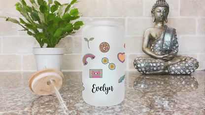 Personalized Retro Flower Glass Cup - Custom Frosted Iced Coffee Tumbler
