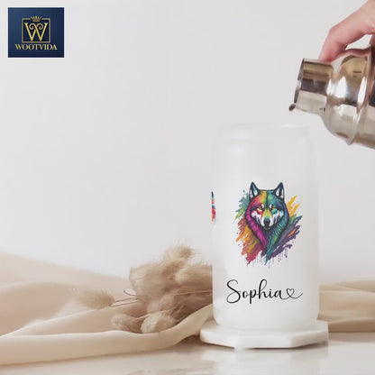 Personalized Wolf Frosted Glass Tumbler - Custom Iced Coffee Cup for Wolf Lovers