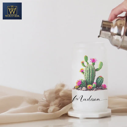Personalized Cactus Frosted Glass Cup - Custom Tumbler for Iced Coffee Lovers