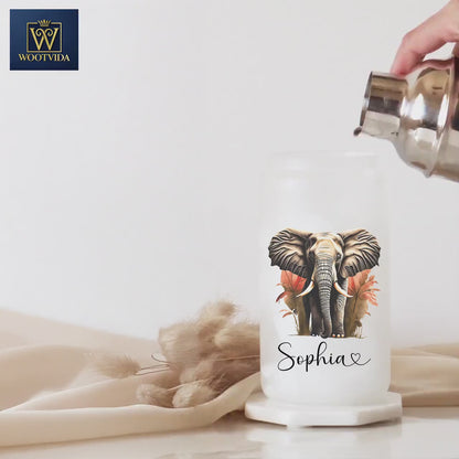 Personalized Elephant Glass Cup - Custom Frosted Iced Coffee Tumbler Gift for Her