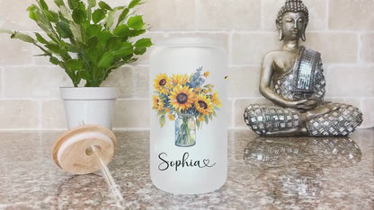 Personalized Sunflower Frosted Glass Cup - Custom Flower Tumbler for Mom