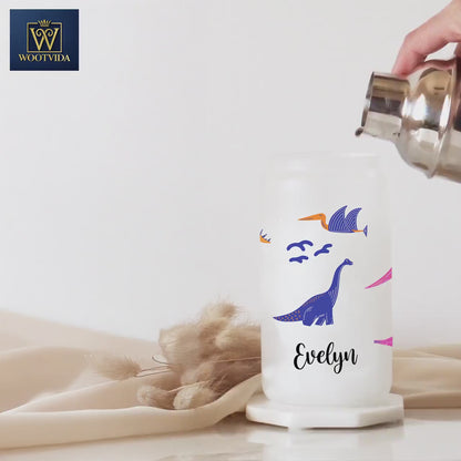 Personalized Dinosaur Frosted Glass Tumbler - Unique Iced Coffee Gift
