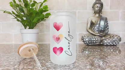 Red Heart Cup Personalized, Red Heart Glass Cup, Custom Red Heart Frosted Glass Cup, Red Heart Glass Tumbler, Red Heart Iced Coffee Cup Gift