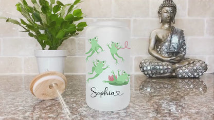 Personalized Frog Frosted Glass Tumbler - Custom Iced Coffee Cup for Frog Lovers