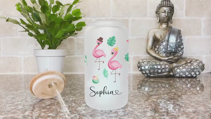 Personalized Flamingo Frosted Glass Tumbler - Custom Iced Coffee Cup