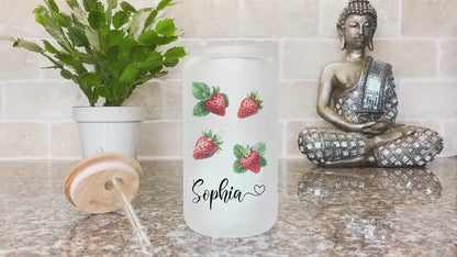Personalized Strawberry Frosted Glass Tumbler - Custom Iced Coffee Cup for Fruit Lovers
