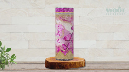 Personalized Teacher Butterfly Glitter Tumbler - Pink Pencil Travel Cup Gift for Educators