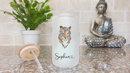 Personalized Tiger Frosted Glass Tumbler - Custom Iced Coffee Cup | Unique Gift for Tiger Lovers
