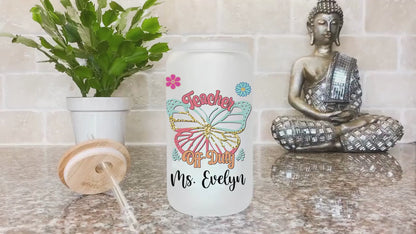 Personalized Teacher Frosted Glass Cup - Butterfly Design Iced Coffee Gift